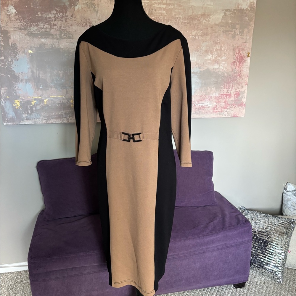 Beige and Black Sheath Dress with Decorative Buckle - Picture 3 of 12